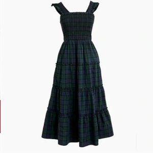 J Crew Cotton poplin smocked tiered midi dress in navy green tartan